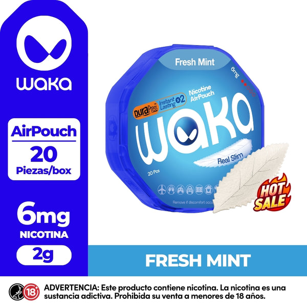 Experience WAKA Peru Disposable WAKA Airpouch Fresh Mint PE Flavor Flavour 6mg Nicotine Ultra Thin Nicotine Pouch | Echa un vistazo a WAKA Perú - Bolsa de aire desechable WAKA con sabor a menta fresca PE, 6 mg de nicotina, 20 unidades
