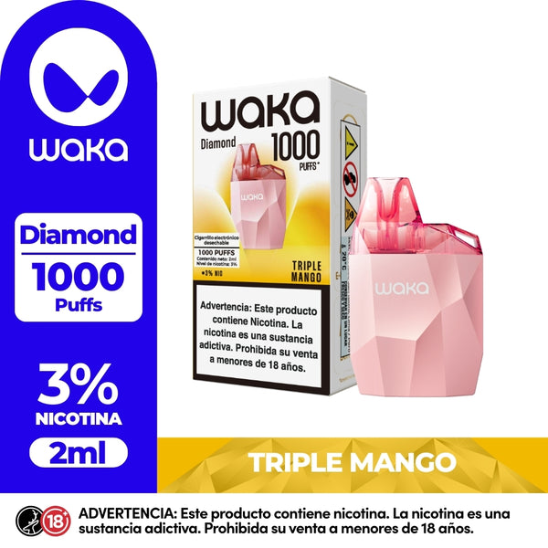 Experience WAKA Peru Disposable WAKA Diamond 1.000 Triple Mango PE Flavor Flavour 3% Nicotine Visible E-liquid Level 1,000 Puffs | Experimente WAKA Perú Desechable WAKA Diamond 1.000 Triple Mango PE Sabor Sabor 3% Nicotina Nivel Visible E-líquido 1,000 Puffs
