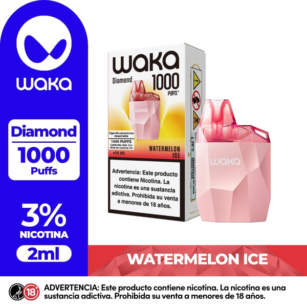 Experience WAKA Peru Disposable WAKA Diamond 1.000 Watermelon Ice PE Flavor Flavour 3% Nicotine Visible E-liquid Level 1,000 Puffs | Experimente WAKA Perú Desechable WAKA Diamond 1.000 Sandía Hielo PE Sabor Sabor 3% Nicotina Nivel Visible E-líquido 1,000 Puffs
