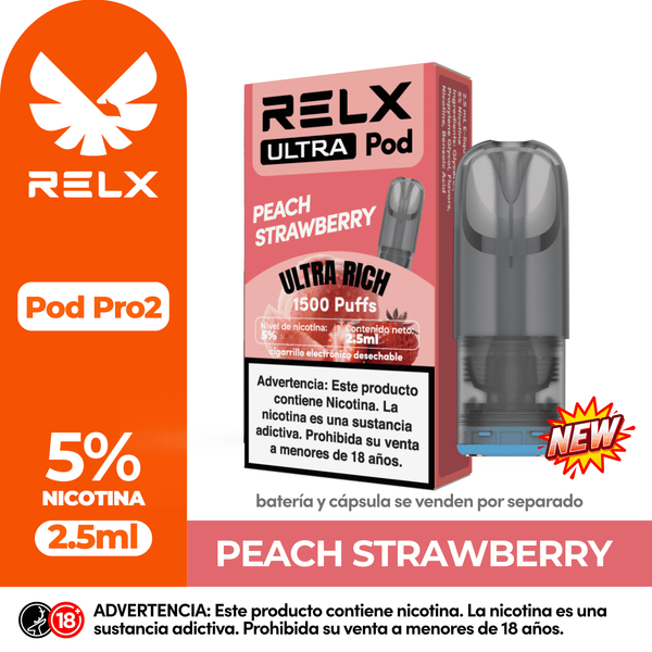 Cartucho RELX Ultra Pod sabor Peach Strawberry. Ofrece 1500 puffs, 2.5ml de capacidad y 5% de nicotina. Compatible con dispositivos Pod Pro 2.
