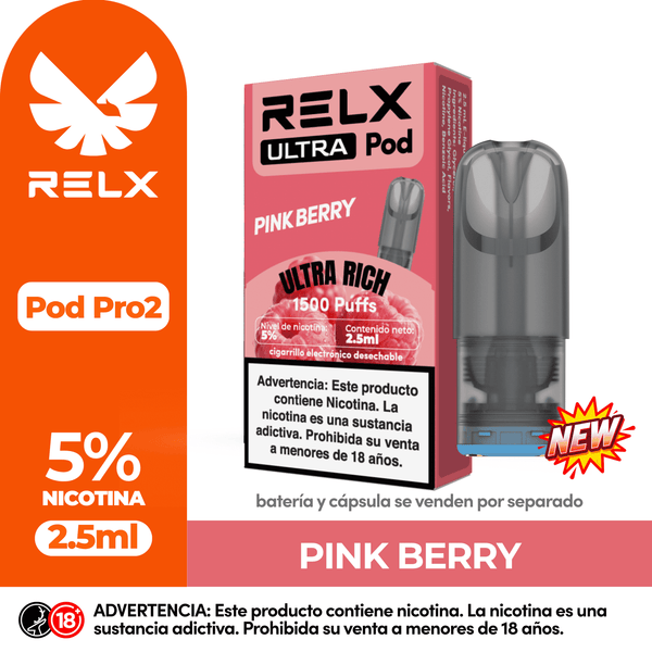 Cartucho RELX Ultra Pod sabor Pink Berry. Ofrece 1500 puffs, 2.5ml de capacidad y 5% de nicotina. Compatible con dispositivos Pod Pro 2.
