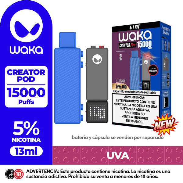 Kit de vapeo WAKA Creator Pro 1+1 con capacidad de 15,000 puffs, sabor Uva. La imagen muestra el empaque del kit, la batería recargable con pantalla inteligente y la cápsula de repuesto prellenada de 13ml con 5% de nicotina.
