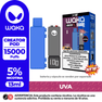 Kit de vapeo WAKA Creator Pro 1+1 con capacidad de 15,000 puffs, sabor Uva. La imagen muestra el empaque del kit, la batería recargable con pantalla inteligente y la cápsula de repuesto prellenada de 13ml con 5% de nicotina.

