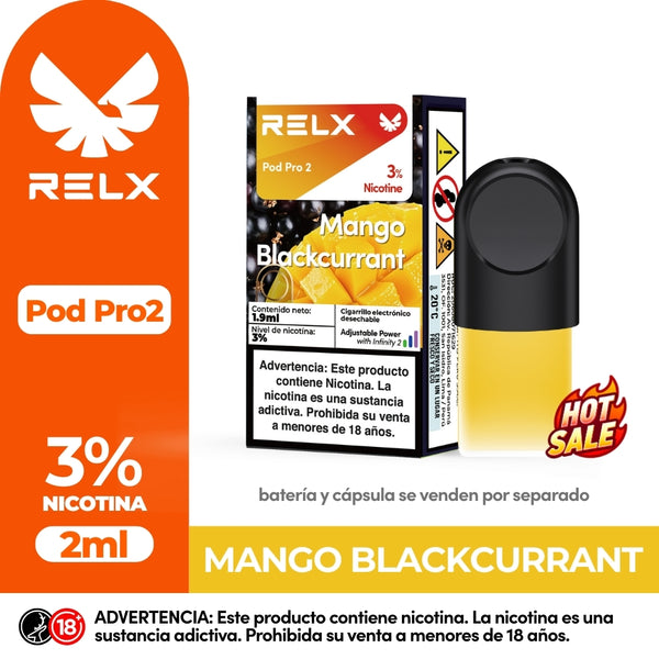 RELX Pod Pro 2 Mango Blackcurrant vape pod with 3% nicotine and 2ml capacity. Features a 'Hot Sale' badge and product branding
