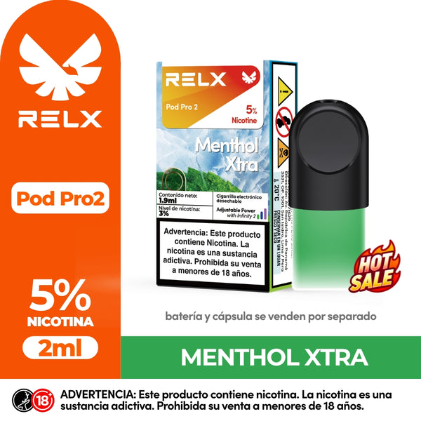 RELX Pod Pro 2 Menthol Xtra vape pod with 3% nicotine and 2ml capacity. Features a 'Hot Sale' badge and product branding
