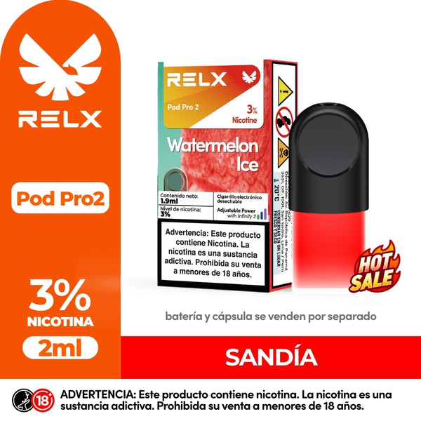 RELX Pod Pro 2 Sandia vape pod with 3% nicotine and 2ml capacity. Features a 'Hot Sale' badge and product branding
