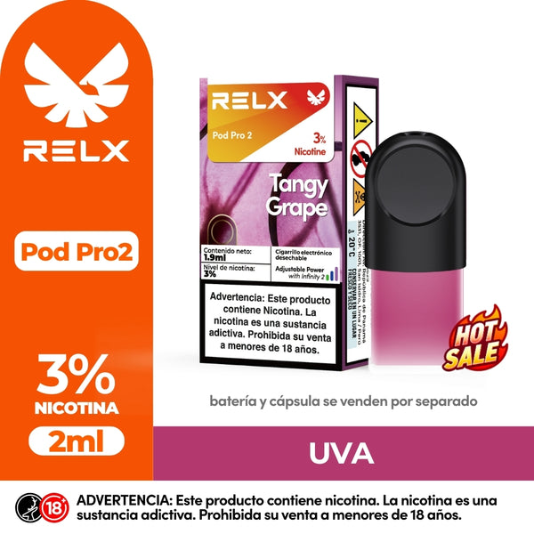 RELX Pod Pro 2 UVA vape pod with 3% nicotine and 2ml capacity. Features a 'Hot Sale' badge and product branding
