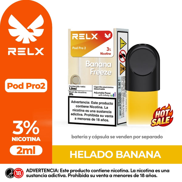 RELX Pod Pro 2 Helado Banana vape pod with 3% nicotine and 2ml capacity. Features a 'Hot Sale' badge and product branding.
