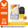 RELX Pod Pro 2 Helado Banana vape pod with 3% nicotine and 2ml capacity. Features a 'Hot Sale' badge and product branding.
