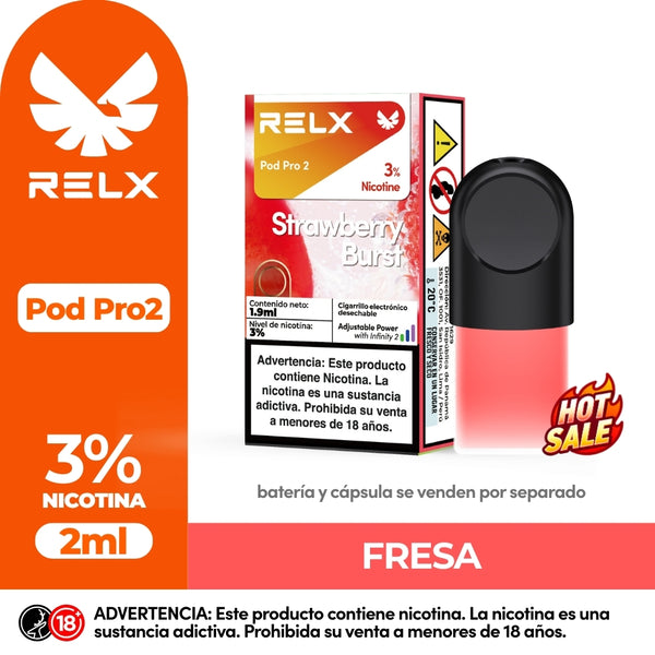 RELX Pod Pro 2 Strawberry Burst vape pod with 3% nicotine and 2ml capacity. Features a 'Hot Sale' badge and product branding.
