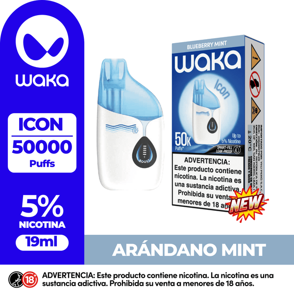 Vape desechable WAKA ICON 50.000 Puffs sabor Arándano Mint. Dispositivo con 19ml de capacidad y 5% de nicotina.
