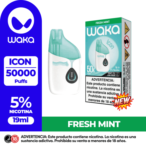 Vape desechable WAKA ICON 50.000 Puffs sabor Fresh Mint. Dispositivo con 19ml de capacidad y 5% de nicotina.
