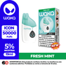 Vape desechable WAKA ICON 50.000 Puffs sabor Fresh Mint. Dispositivo con 19ml de capacidad y 5% de nicotina.
