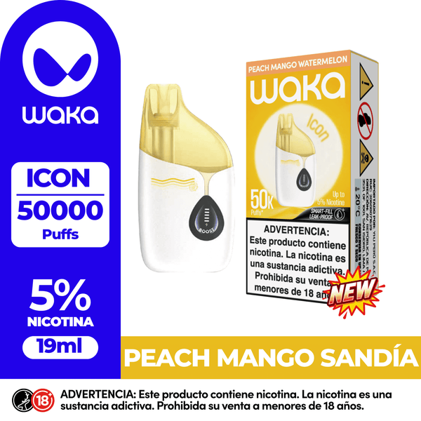 Vape desechable WAKA ICON 50.000 Puffs sabor Peach Mango Sandía. Dispositivo con 19ml de capacidad y 5% de nicotina.
