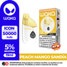 Vape desechable WAKA ICON 50.000 Puffs sabor Peach Mango Sandía. Dispositivo con 19ml de capacidad y 5% de nicotina.

