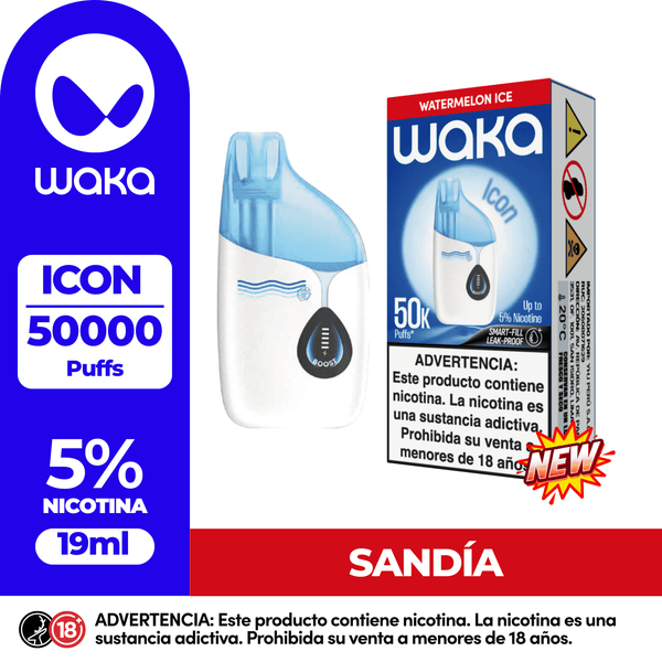 Vape desechable WAKA ICON 50.000 Puffs sabor Sandía. Dispositivo y caja con 19ml de capacidad y 5% de nicotina.
