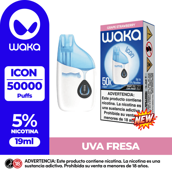 Vape desechable WAKA ICON 50.000 Puffs sabor Uva Fresa. Dispositivo con 19ml de capacidad y 5% de nicotina.
