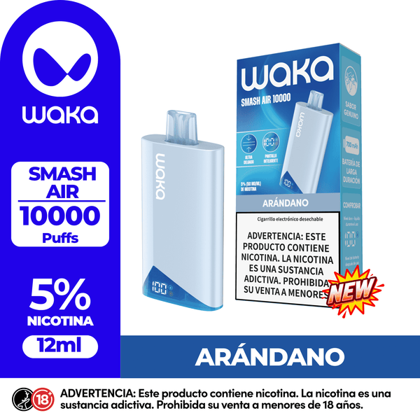 Vape desechable WAKA SMASH AIR 10.000 Puffs sabor Arándano. Dispositivo con pantalla digital, 12ml de capacidad y 5% de nicotina.
