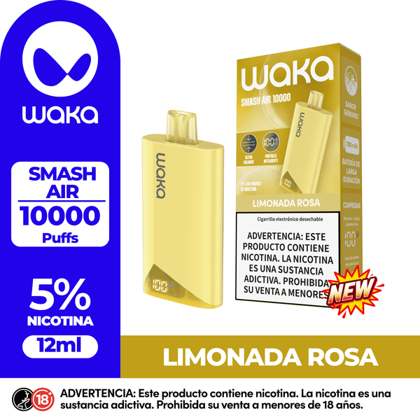 Vape desechable WAKA SMASH AIR 10.000 Puffs sabor Limonada Rosa. Dispositivo con pantalla digital, 12ml de capacidad y 5% de nicotina.
