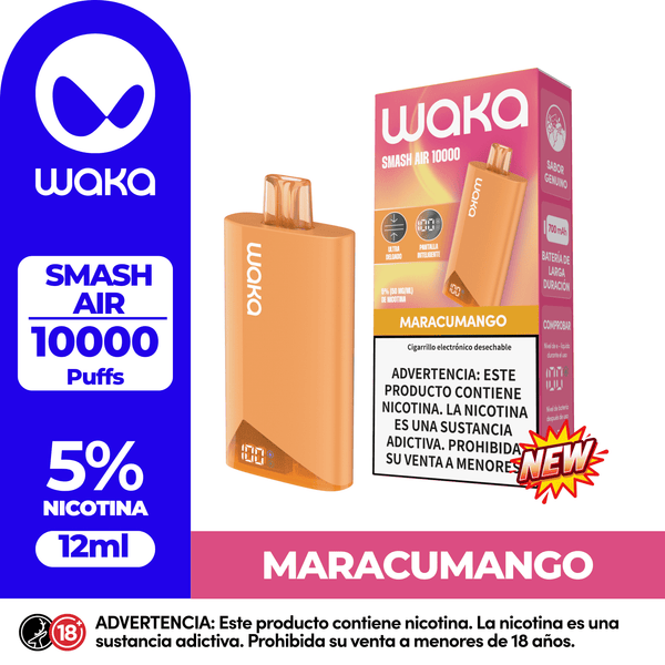 Vape desechable WAKA SMASH AIR 10.000 Puffs sabor Maracumango. Dispositivo con pantalla digital, 12ml de capacidad y 5% de nicotina.
