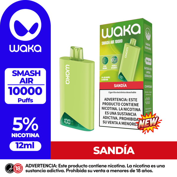 Vape desechable WAKA SMASH AIR 10.000 Puffs sabor Sandía. Dispositivo con pantalla digital, 12ml de capacity y 5% de nicotina.
