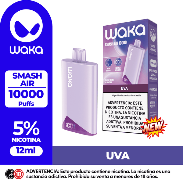 Vape desechable WAKA SMASH AIR 10.000 Puffs sabor Uva. Dispositivo con pantalla digital, 12ml de capacidad y 5% de nicotina.
