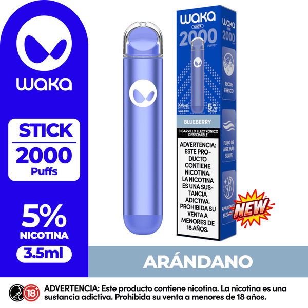 Cigarrillo electrónico WAKA STICK 2000 Puffs sabor Arándano (Blueberry). Pod desechable con 5% de nicotina para el mercado de Perú.
