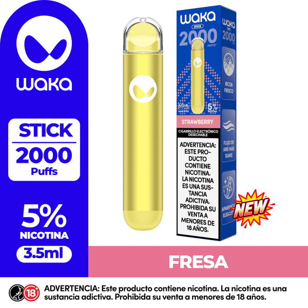 Cigarrillo electrónico WAKA STICK 2000 Puffs sabor Fresa (Strawberry). Pod desechable con 5% de nicotina para el mercado de Perú.
