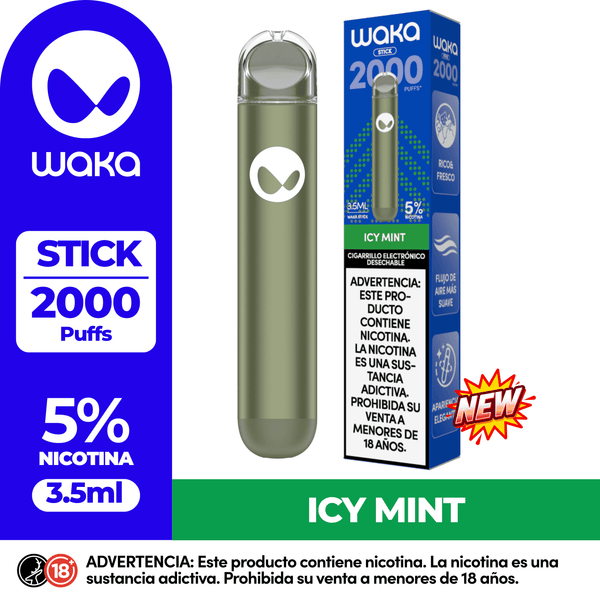 Cigarrillo electrónico WAKA STICK 2000 Puffs sabor Icy Mint (Menta Helada). Pod desechable con 5% de nicotina para el mercado de Perú.
