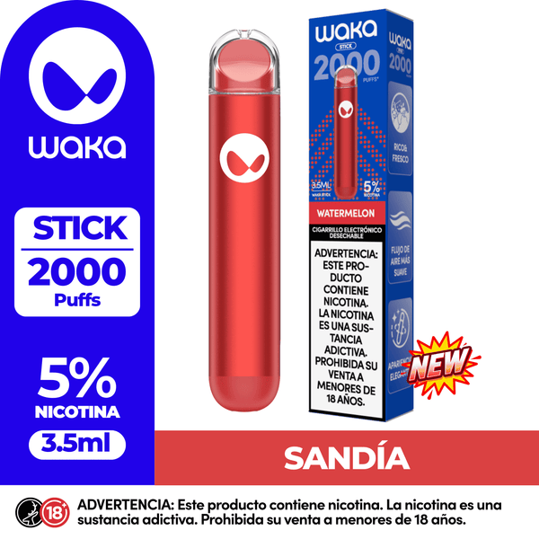 Cigarrillo electrónico WAKA STICK 2000 Puffs sabor Sandía (Watermelon). Pod desechable con 5% de nicotina para el mercado de Perú.
