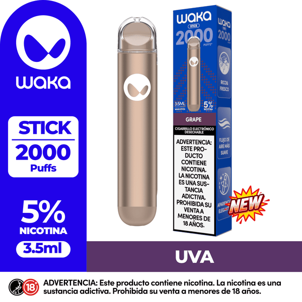 Cigarrillo electrónico WAKA STICK 2000 Puffs sabor Uva (Grape). Pod desechable con 5% de nicotina para el mercado de Perú.

