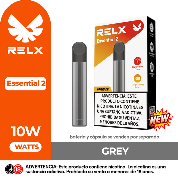 Batería dispositivo de vapeo RELX Essential 2 de 10W Watts en color Gris (Grey). Pod recargable para cartuchos RELX, disponible en WAKA Perú.
