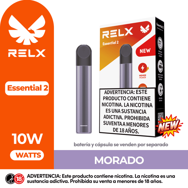 Batería dispositivo de vapeo RELX Essential 2 de 10W Watts en color Morado. Pod recargable para cartuchos RELX, disponible en WAKA Perú.
