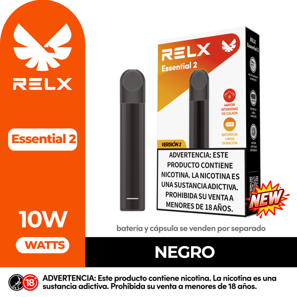 Batería dispositivo de vapeo RELX Essential 2 de 10W Watts en color Negro. Pod recargable para cartuchos RELX, disponible en WAKA Perú.
