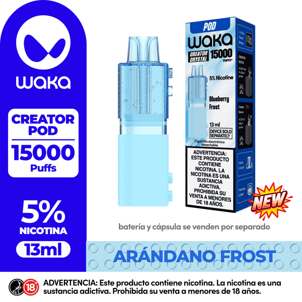 Pod recargable WAKA Creator Pod Crystal con capacidad de 15,000 puffs, sabor Arándano Frost. Muestra la cápsula de repuesto prellenada de 13ml con 5% de nicotina. Es un sistema de pods donde la batería y la cápsula se venden por separado.
