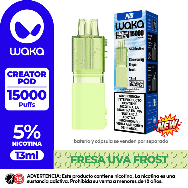 WAKA Creator Pod Crystal rechargeable pod with a capacity of 15,000 puffs, Strawberry Grape Frost flavor. Shown is the pre-filled 13ml refill pod with 5% nicotine. This is a pod system where the battery and pod are sold separately.
