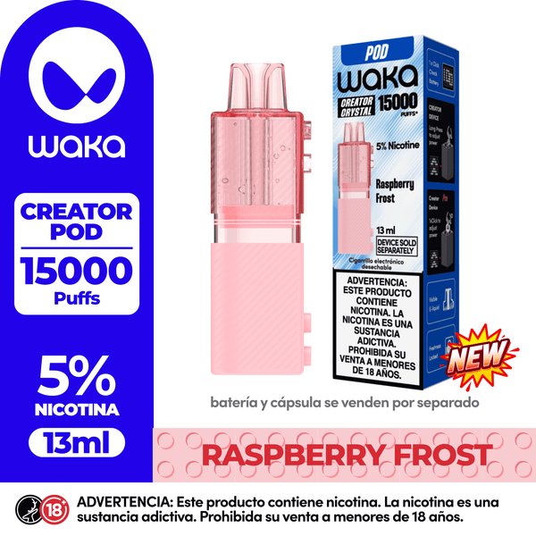 Pod recargable WAKA Creator Pod Crystal con capacidad de 15,000 puffs, sabor Raspberry Frost. Muestra la cápsula de repuesto prellenada de 13ml con 5% de nicotina. Es un sistema de pods donde la batería y la cápsula se venden por separado.
