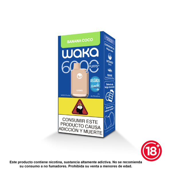 WAKA 6000 puffs disposable vape box in Banana Coco flavor. Blue and green product packaging featuring a slim device
