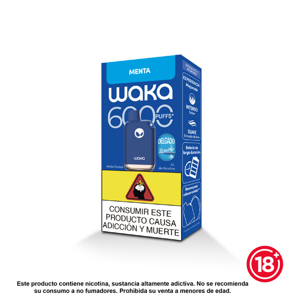 WAKA 6000 puffs disposable vape packaging in Menta (Mint) flavor, featuring a slim dark blue device

