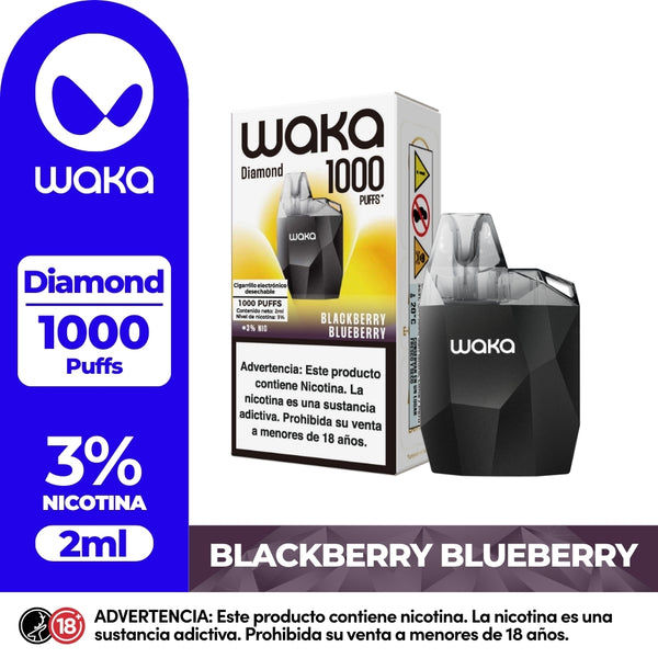 WAKA Diamond 1000 Puffs disposable vape in Blackberry Blueberry flavor, with 3% nicotine and 2ml capacity. Features a distinct diamond design.
