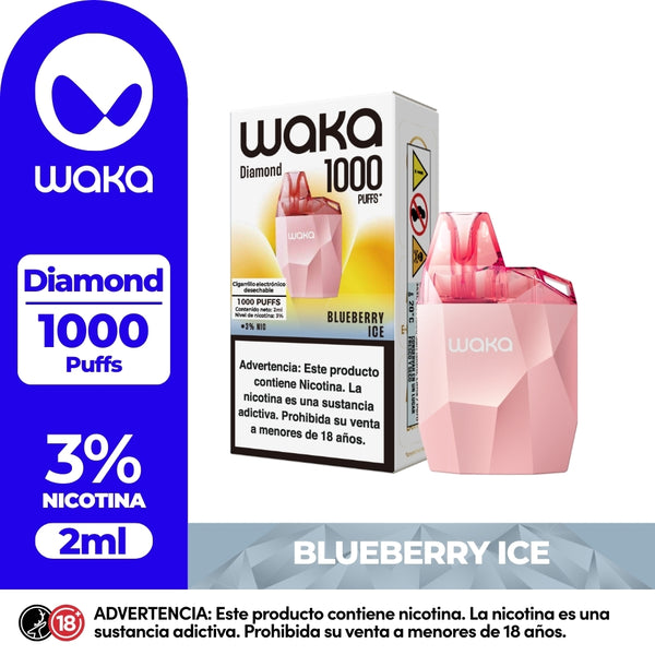 Vaper desechable WAKA Diamond 1000 Puffs en sabor Blueberry Ice, con 3% nicotina y 2ml de capacidad. Muestra el empaque y el dispositivo de color rosa.
