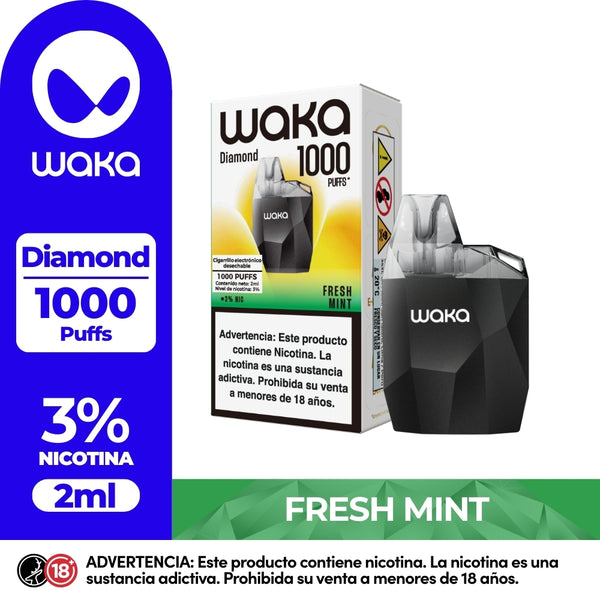 Vaper desechable WAKA Diamond 1000 Puffs sabor Fresh Mint con 3% nicotina y 2ml de capacidad. Incluye empaque y dispositivo de color negro.
